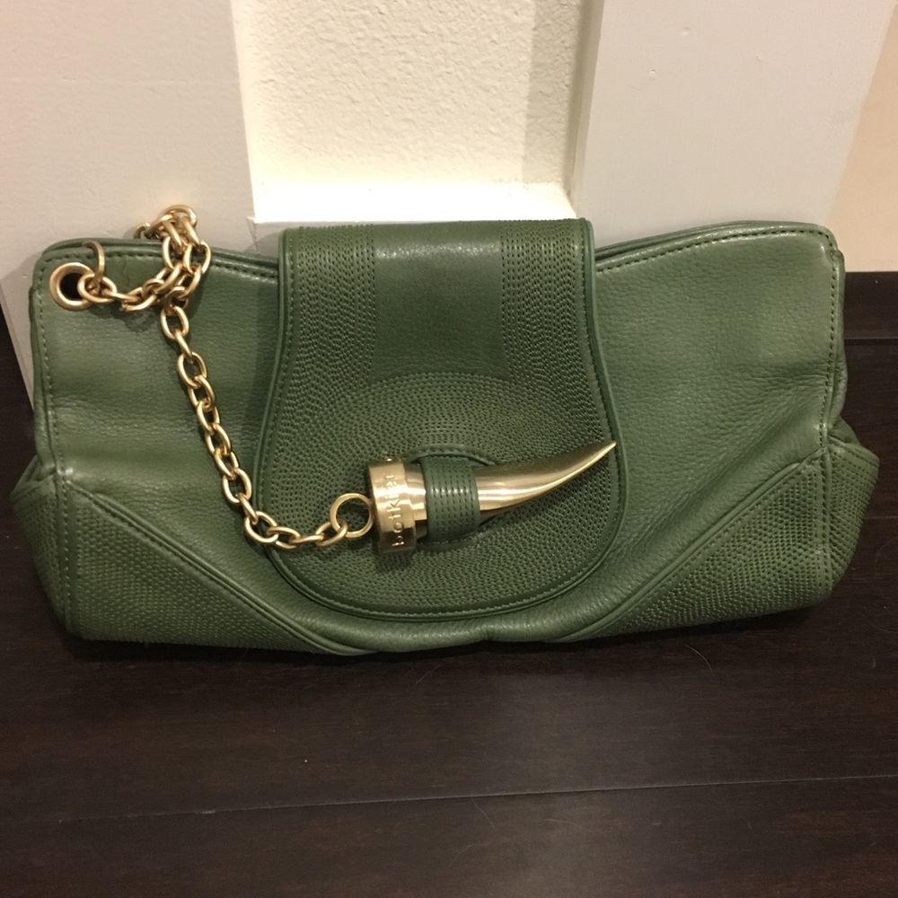 Botkier Olive Green Leather Clutch with Gold Horn Accent